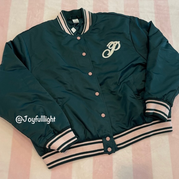 NWT VS PINK VARSITY JACKET DEEP IN FOREST LIMITED EDITION LARGE PLUS FREE TOTE - Picture 7 of 16